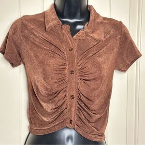 Pretty Little Thing Chocolate Acetate Slinky Ruched Short Sleeve Shirt Crop 4